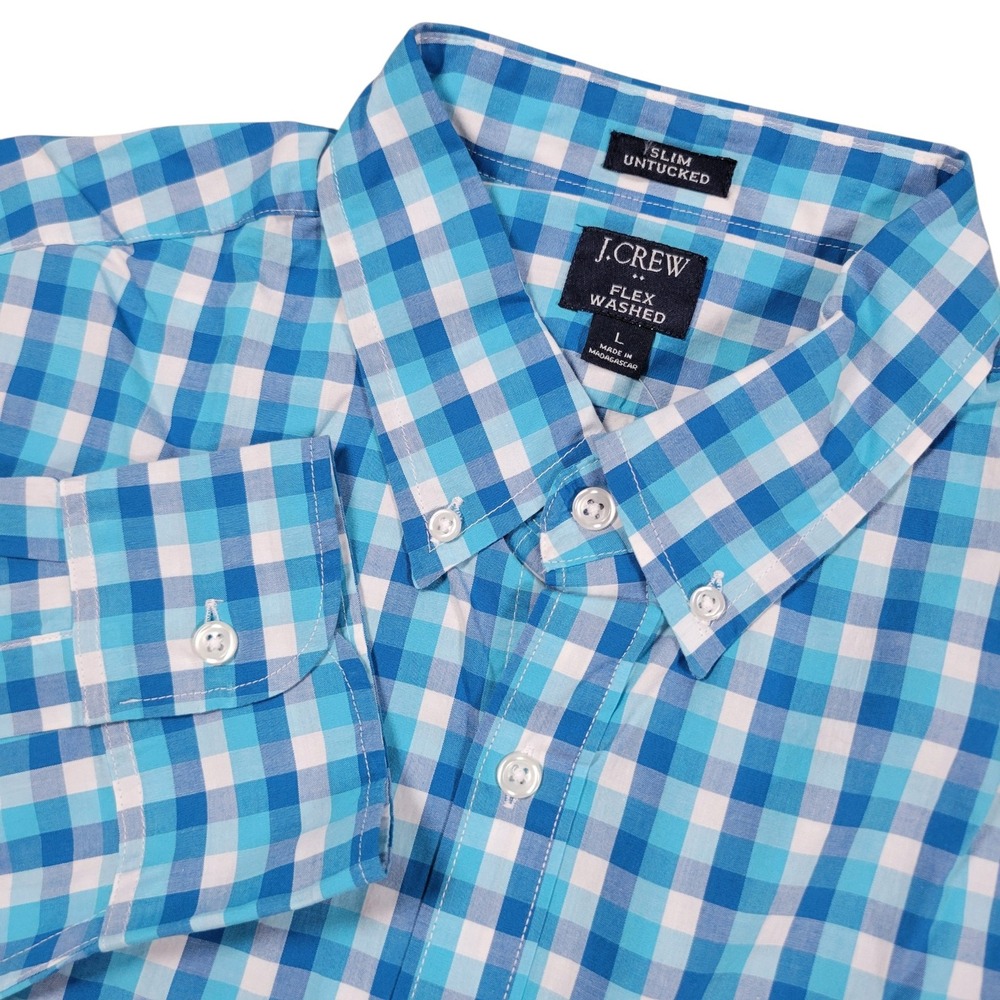 J.Crew Button Down Shirt Mens L Blue Gingham Slim Untucked Fit Flex Washed New